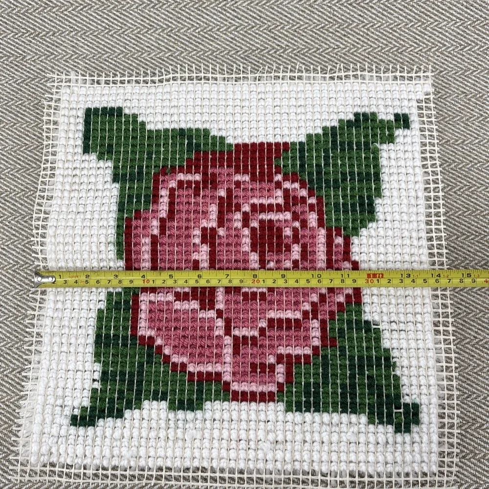 Vintage Finished Latch Hook Rose Flower Mid Century MCM 14 x 14 Pillow or Frame